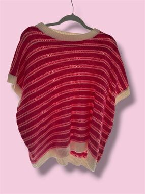 Pink Striped Short-Sleeve Knit Sweater with Cream Trim